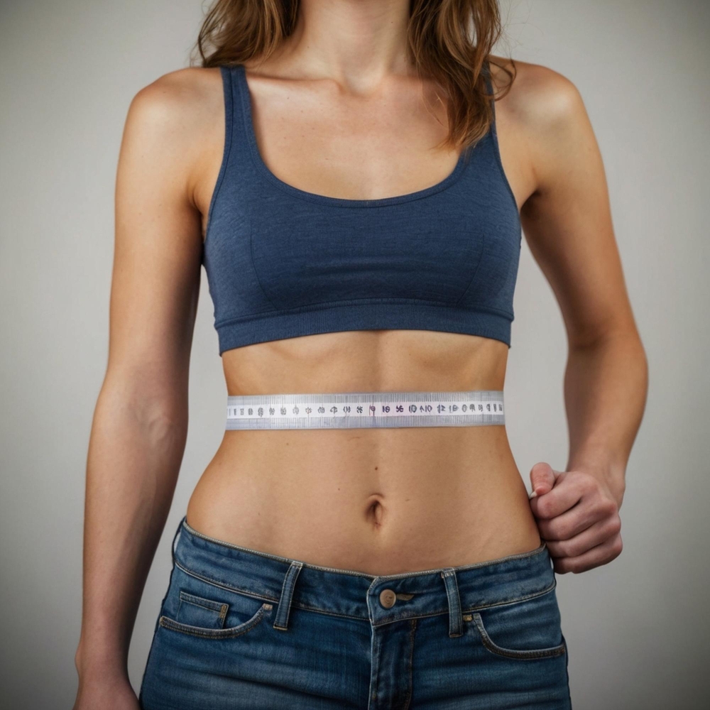 A woman measures her waist after her tummy surgery near Johns Creek while wearing a sports bra and jeans.